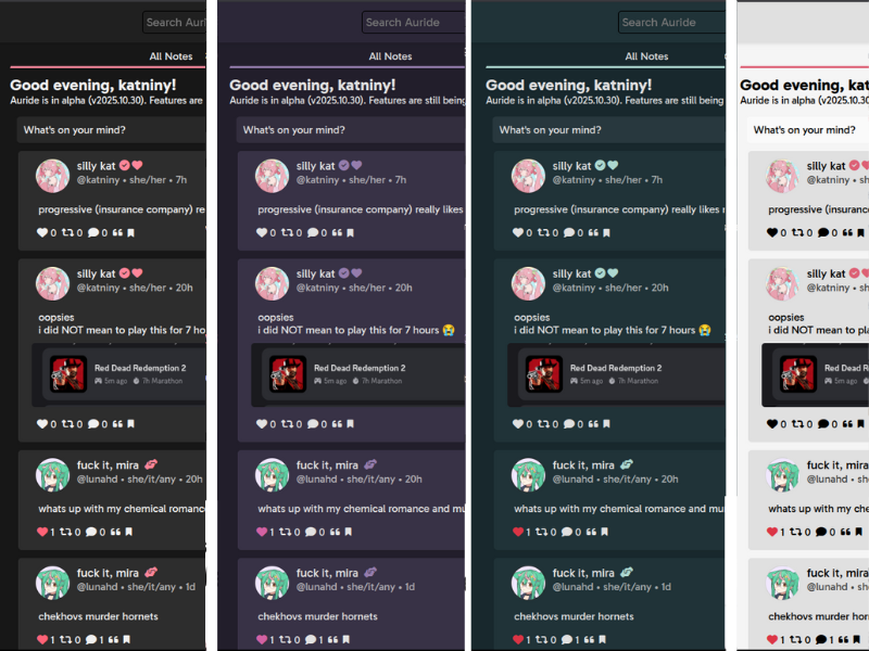 Showing off the Dark, Midnight Purple, Mint (Dark), and Light themes.